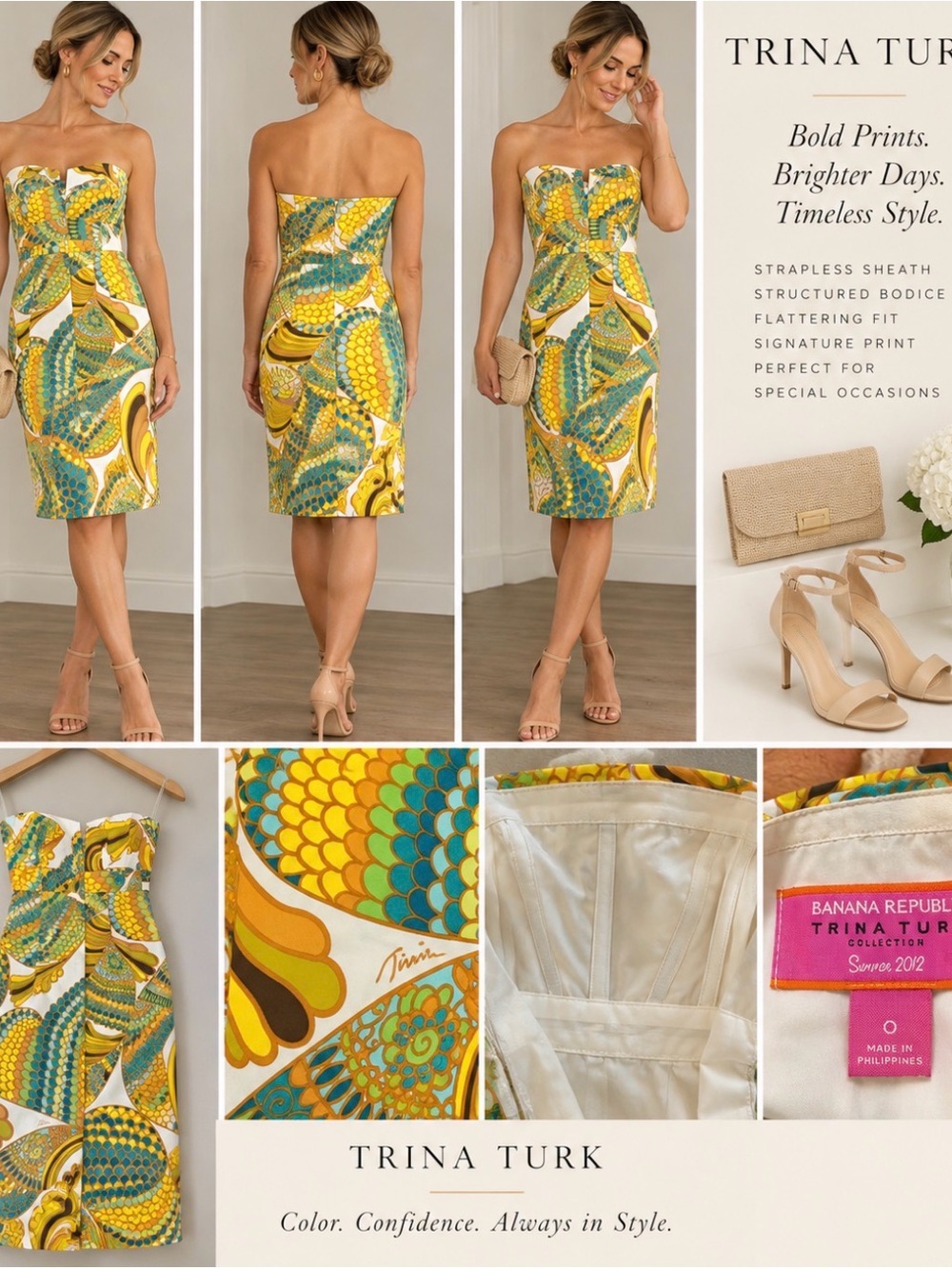 Trina Turk Yellow, Teal & White Printed Strapless Dress